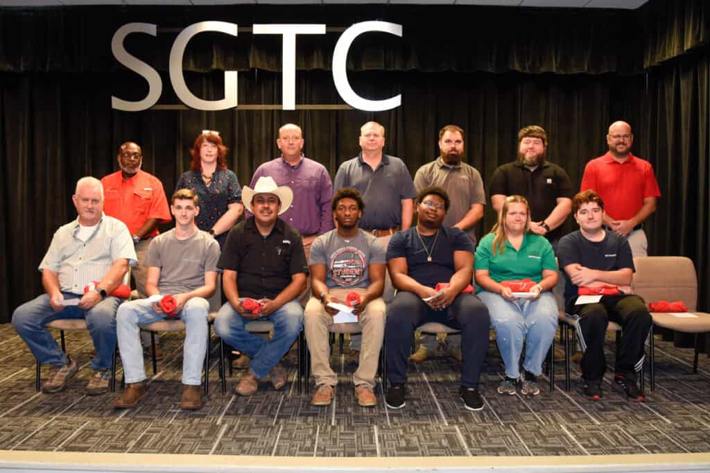 Nominees for SGTC’s Student of Excellence Award for September were (front row, L-R) Quincy Clark, Paul Pierce, Juan Alejo, Omarion Tyson, Cameron Wilson, Felicia McKenney, and Ayden Niette. . Back row (l-r) are nominating instructors Johnny Griffin, Kristie Hudson, Patrick Owen, Mike Collins, Brandon Gross, Jake Pittman, and Ted Eschmann. Not pictured is nominee Margaux Howard.