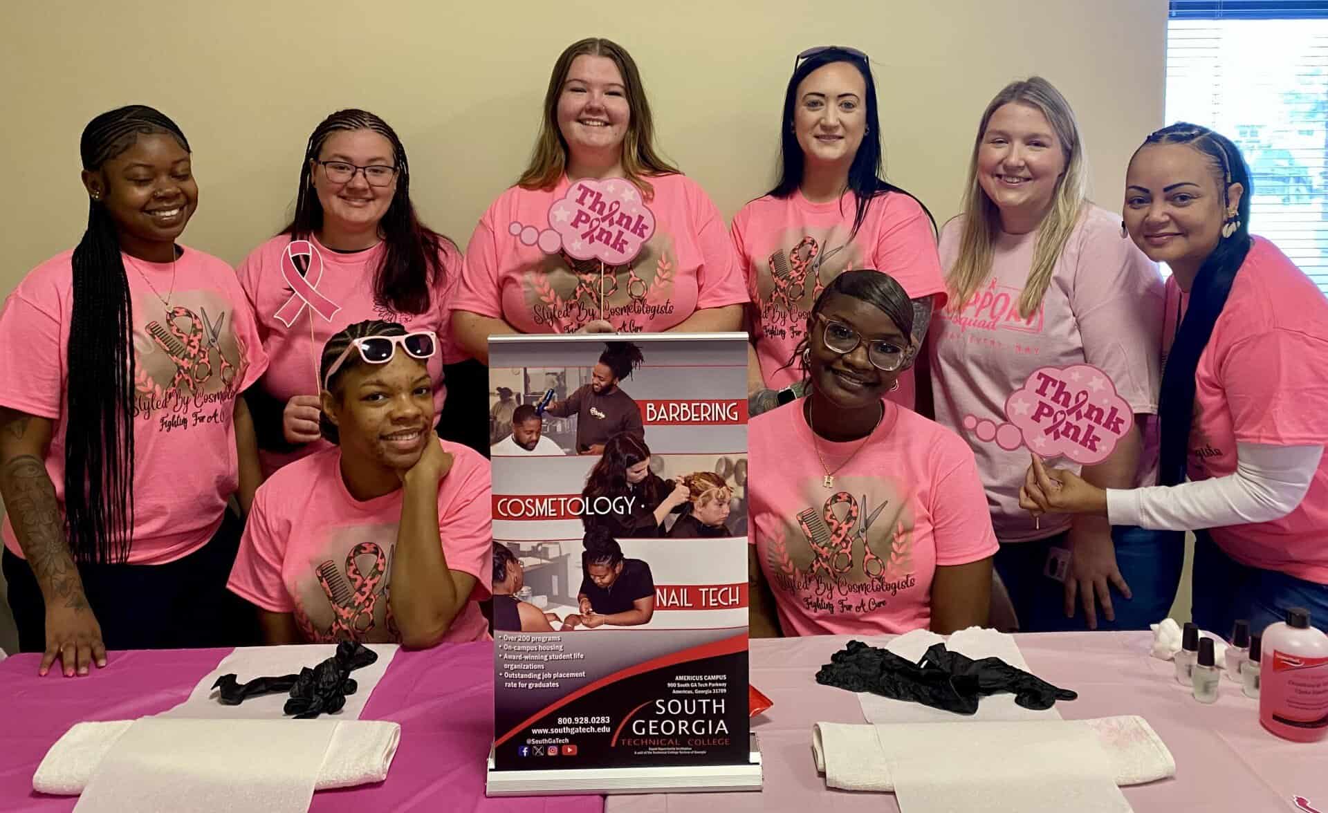 Pictured from right are South Georgia Technical College cosmetology instructor trainee Adrienne Clayton, Dougherty County Health Department County Nurse Manager Brooke Stewart and SGTC cosmetology students at the recent DCH breast cancer screening event.