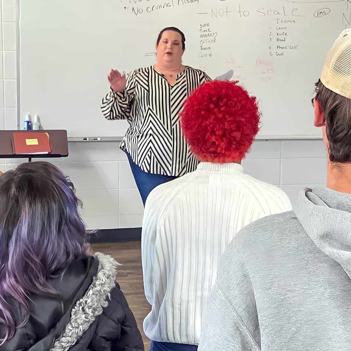 Eva Hope, Community Outreach & Training Coordinator for the Southwest Georgia Victims Assistance Alliance, Inc., conducts a workshop on domestic violence with students in the SGTC Criminal Justice program.
