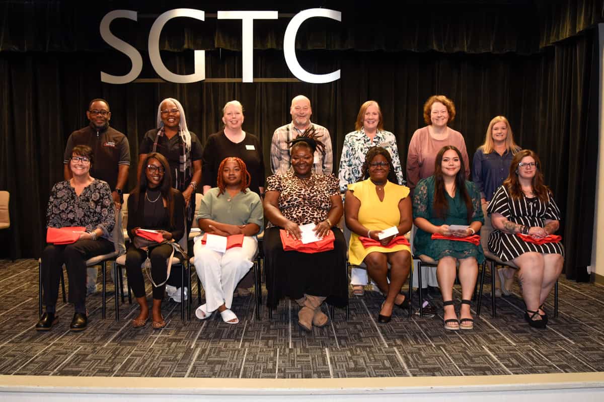 Nominees for SGTC’s Student of Excellence Award for October were (front row, L-R) Maryann Reiselbara, Emily Monts, Morgan Tyson, Tomealya Hudson, Tayla Brantley, Katerin Auceda, and Brittany Wills. Back row (l-r) are nominating instructors Andre Robinson, Dorothea Lusane-McKenzie, Teresa McCook, Ricky Watzlowick, Jaye Cripe, Jeana Yawn, and Christine Rundle.
