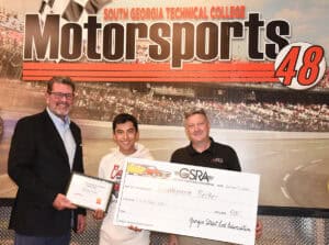 Becker Santamaria is shown above with a framed certificate presented to him for receiving the SGTC Foundation’s Georgia Street Rod Scholarship award. He is shown with SGTC President Dr. John Watford and SGTC Motorsports Instructor Kevin Beaver.