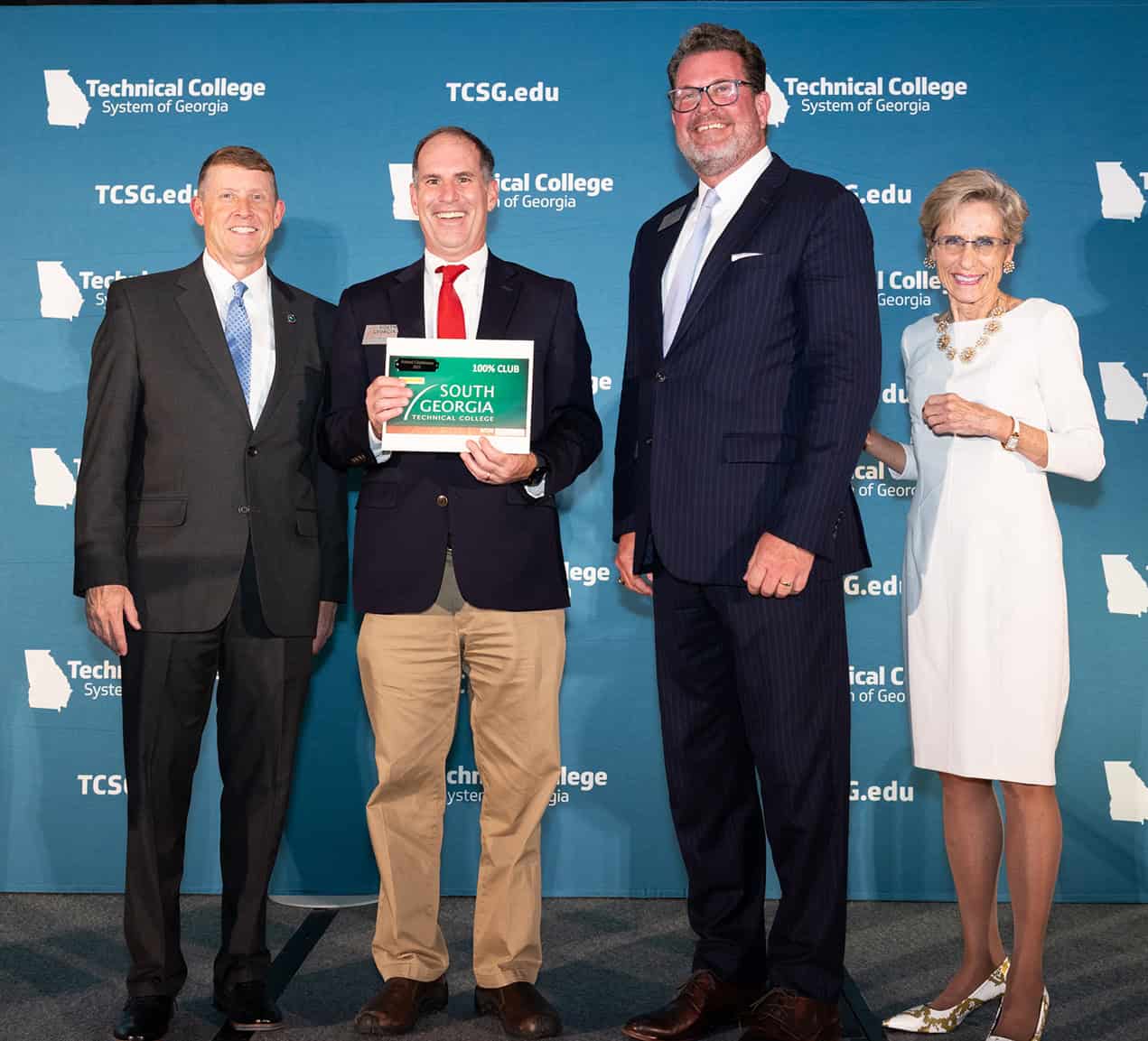 Technical College System of Georgia Commissioner Greg Dozier is shown above with SGTC Board of Directors Chairman Jamie Penoncello, SGTC President Dr. John Watford and Adie Shimandle, TCDA Director.