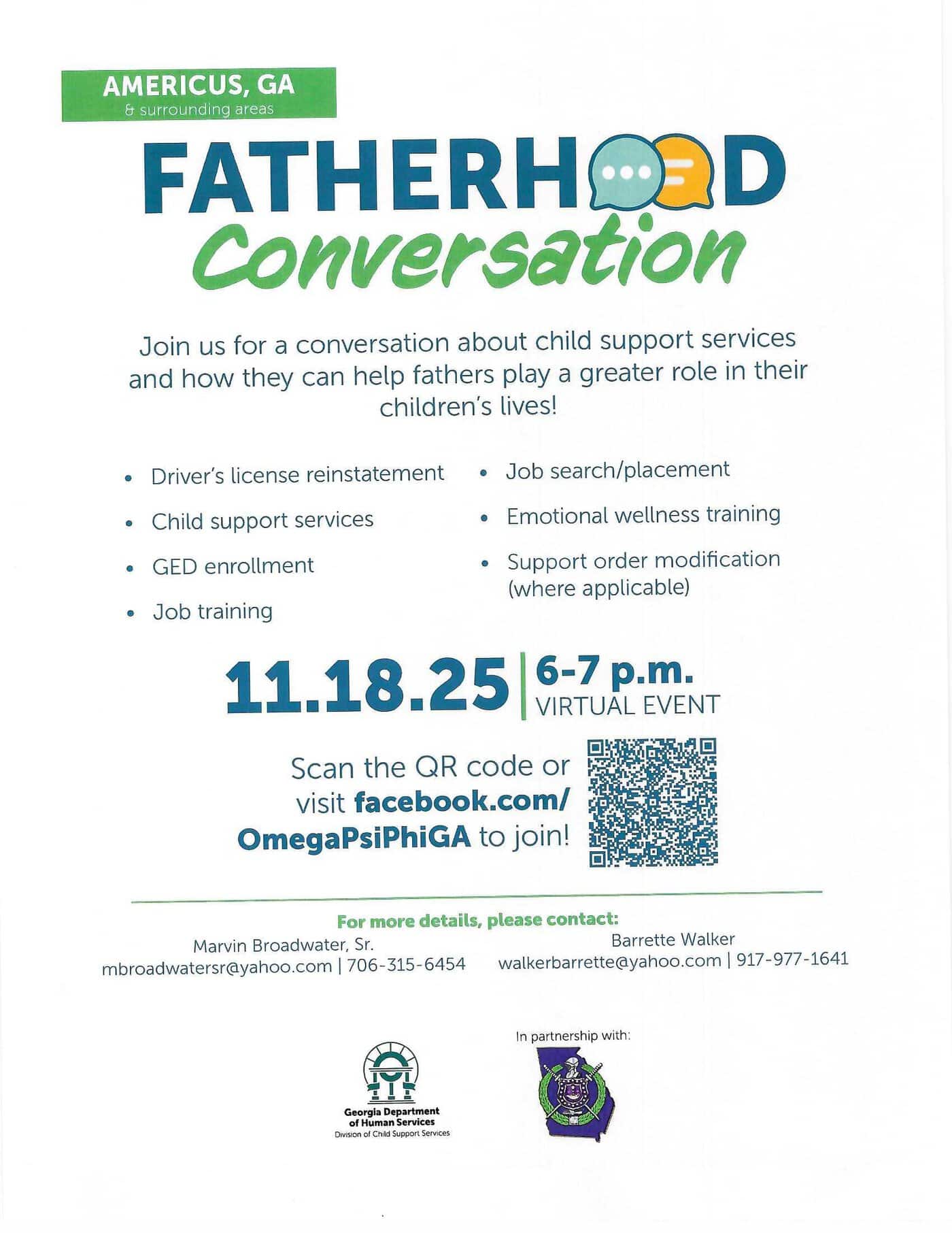 Fatherhood Conversation flier advertising virtual event on November 18th from 6 to 7 p.m.