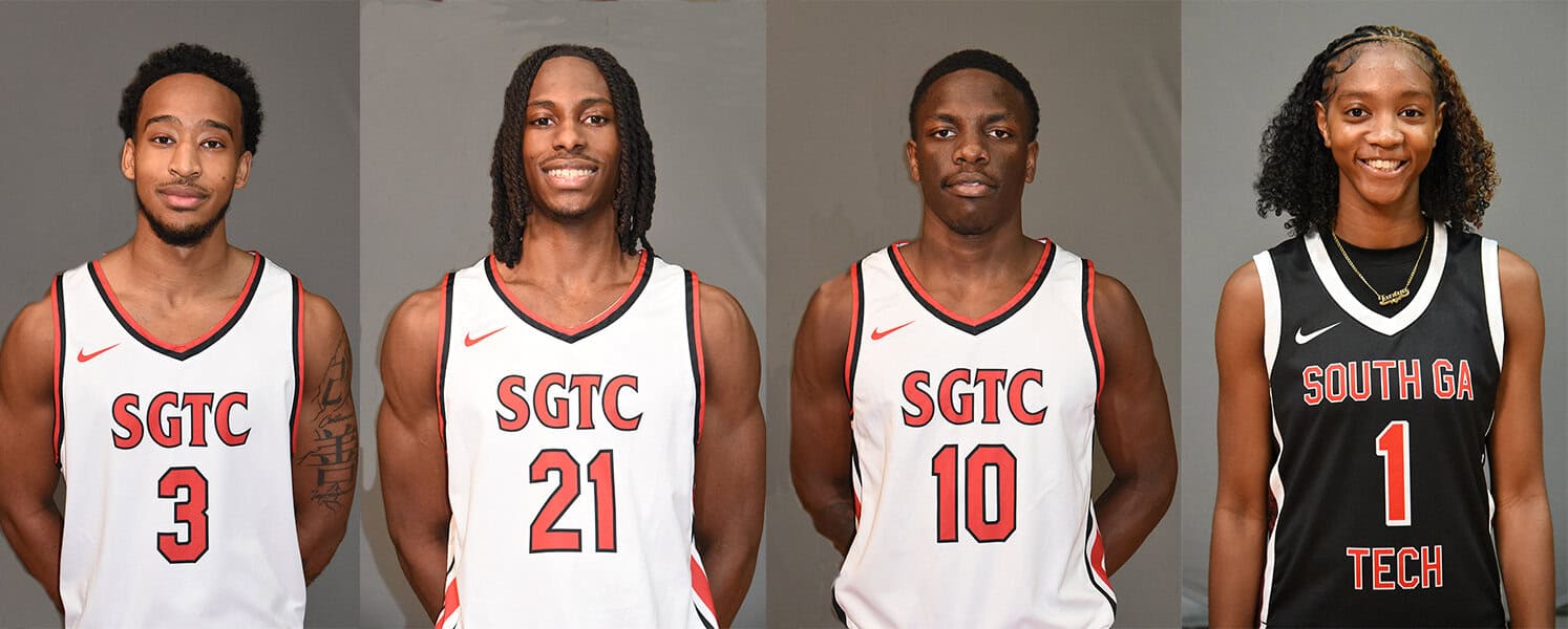 Top Scorers for the Jets – Lady Jets – Shown above (l to r) are the top scorers for the Jets and Lady Jets in their opening games of the 2025 – 2026 season. Clark Mastin (3), a freshman point guard from Conyers, Georgia and Dwight Brown, (21), a returning sophomore from Conyers, GA, both had 17 points for the Jets in the OT win over Chipola. Marcellus Myles (10), a freshman guard from Thomaston, GA; scored 19 against Tallahassee State, and Lady Jets Ja’Niya Brooma, (1), a freshman guard from Harris County, scored 20 points against Cleveland State College.