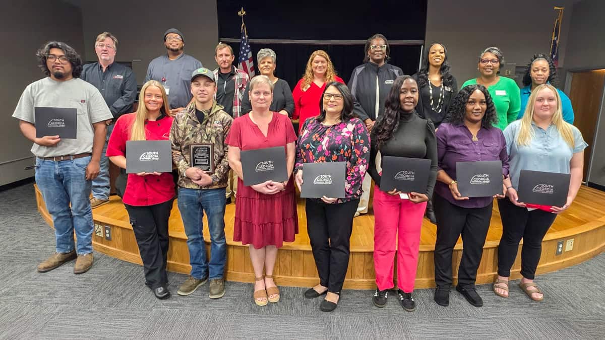 Pictured on the front row (l-r) are SGTC Crisp County Center Student of Excellence nominees Alex Bueno Fortuna, Brianna Mauldin, Joshua Bartlett, Regina Hayslip, Michelle Sims, Jessica Fudge, Kencheta McDowell, and Kaylee Hayslip. Back row (l-r) are instructors Tom Mayo, Johnny Davis, Jeff Sheppard, Carol Cowan, Jennifer Childs, Wanda Bishop, Cambrette Hudson, Tammy Hamilton, and Nicole Turner.