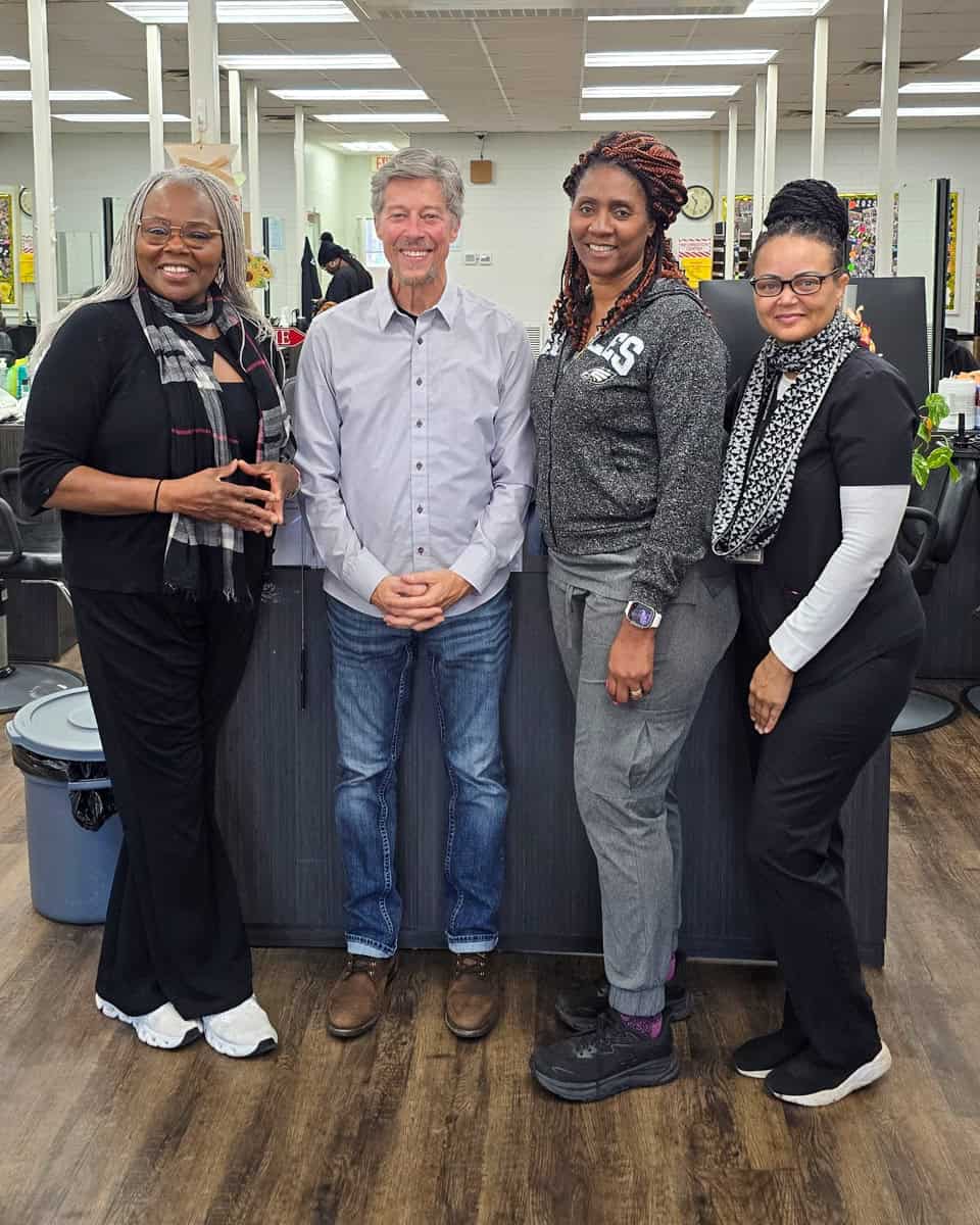 Pictured (l-r) are SGTC Cosmetology instructor Dorothea Lusane-Mckenzie, Scot Phillips of Icon Shears, and cosmetology instructor trainees Carla Leggett and Adrienne Clayton.