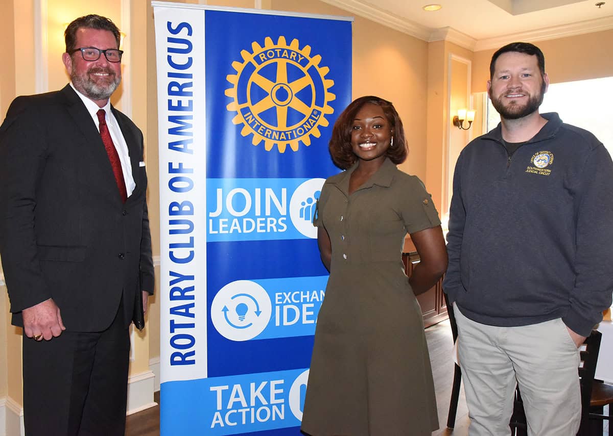 South Georgia Technical College President Dr. John Watford (l), is shown above with SGTC 2026 GOAL student Keyara Williams (c) and Americus Rotary Club President Trevor Vanzant after the meeting.