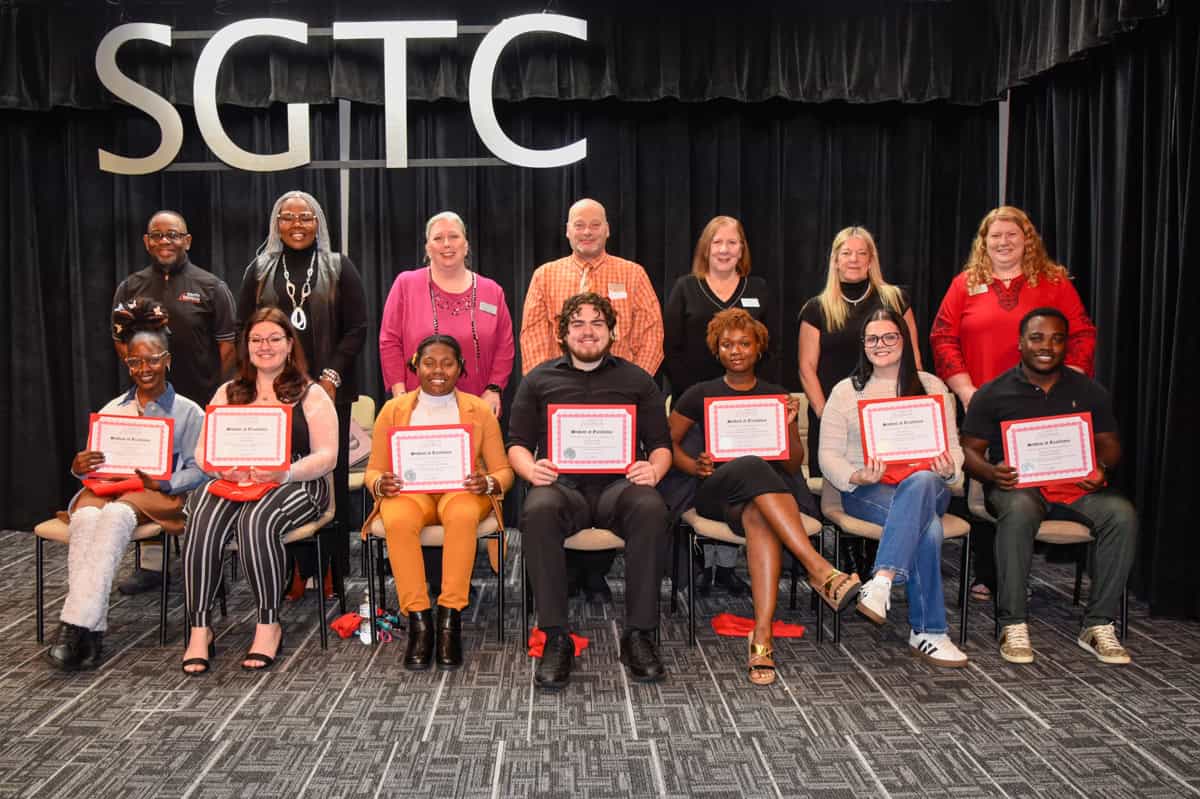 Pictured are nominees for SGTC Student of excellence and their instructors. Seated (l-r) are nominees Serenity Smith, Alicia Knight, Charity Brown, Jack Dickerson, Keyara Williams, Alyssa Price and Jamyron Clayton. Standing (l-r) are instructors Andre Robinson, Dorothea Lusane-McKenzie, Teresa McCook, Ricky Watzlowick, Jaye Cripe, Sheri Bass, and Jennifer Childs.
