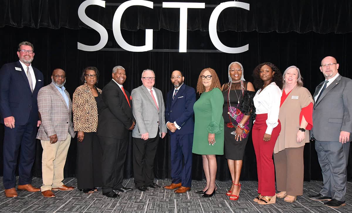SGTC President Dr. John Watford (left) is shown above with the SGTC Black History Committee members and special guests. They include: SGTC Air Conditioning Instructor Johnny Griffin, Career Services Director Cynthia Carter, Custodian Glenn Bryant, Aviation Instructor Charles Christmas, Speaker Rev. Christopher O’Bryant, Executive Assistant to the President Teres O’Bryant, SGTC 2026 Rick Perkins Instructor of Year and Cosmetology Instructor Dorothea McKenzie, SGTC 2026 GOAL Winner Keyara Williams, Criminal Justice Instructor Teresa O’Bryant, and Academic Dean Brett Murray.