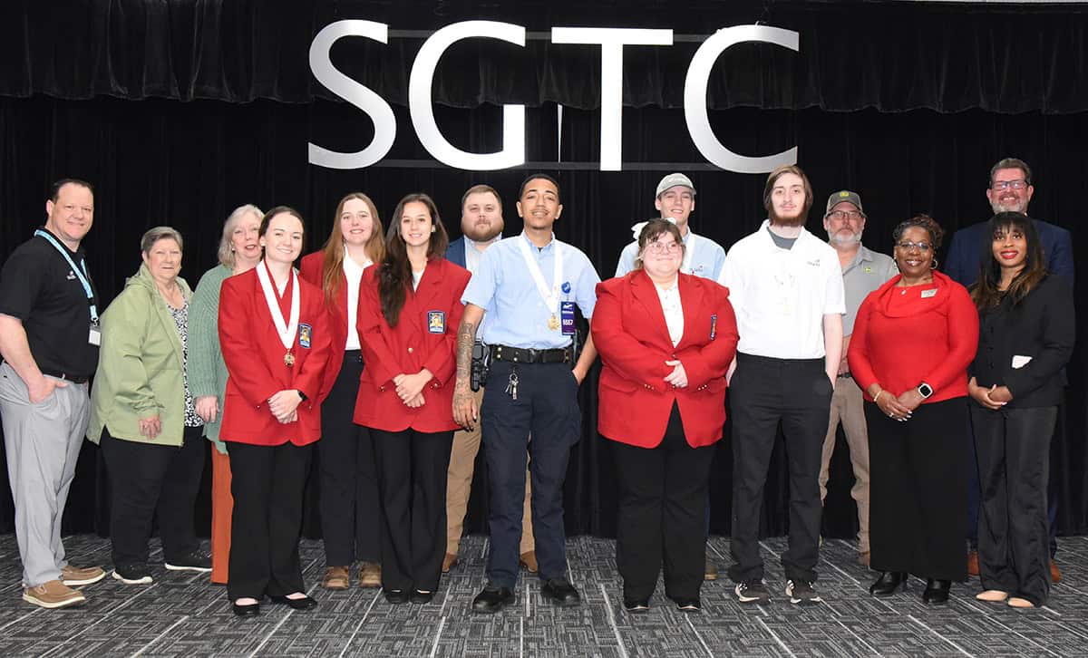 Shown above are the SGTC SkillsUSA State GOLD Medal Winners with SGTC President Dr. John Watford, their instructors and advisors.
