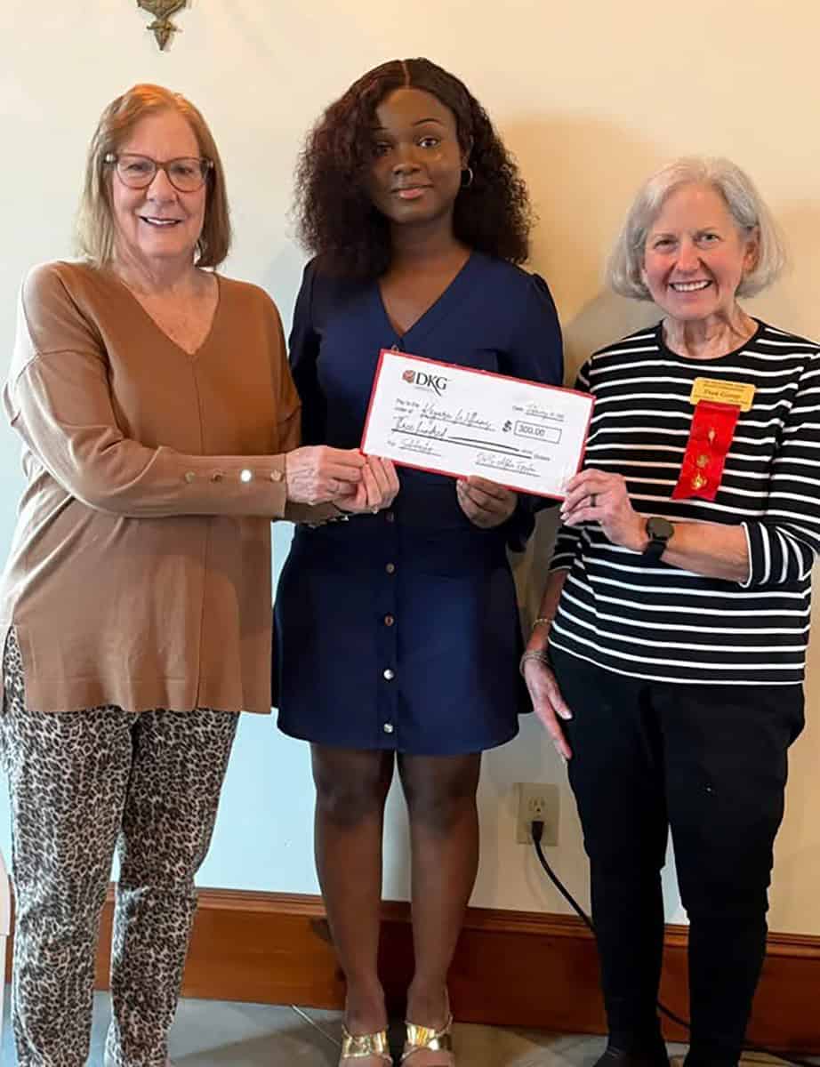 Delta Kappa Gamma member Fran George (r) is shown above presenting a scholarship check to SGTC Keyara Williams (c). SGTC Early Childhood Care and Education Instructor Jaye Cripe (left) is also shown.
