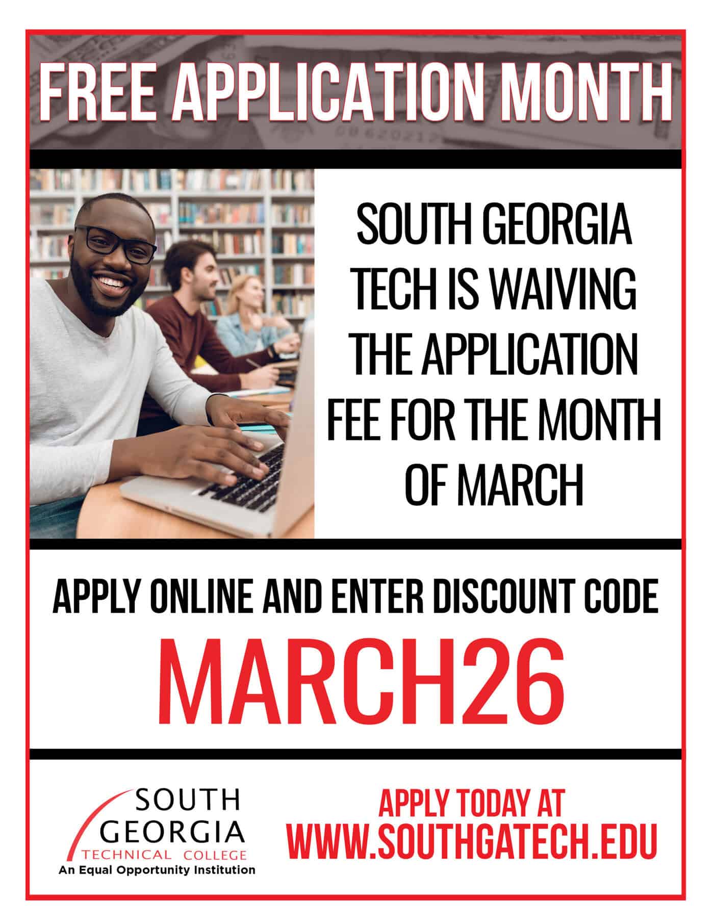 SGTC participating in No Fee March and waiving the Application Fee during the month of March.