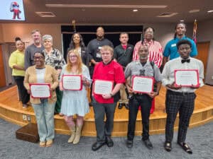 Pictured on the front row (l-r) are SGTC Crisp County Center Student of Excellence nominees Valayshia Burke, Amber Jones, Logan Atkins, Jeffery Bell, and Karavian Dixon. Back row (l-r) are instructors Nicole Turner, Tom Mayo, Carole Cowan, Cambrette Hudson, Johnny Davis, Jeff Sheppard, Wanda Bishop and Eric Rogers.