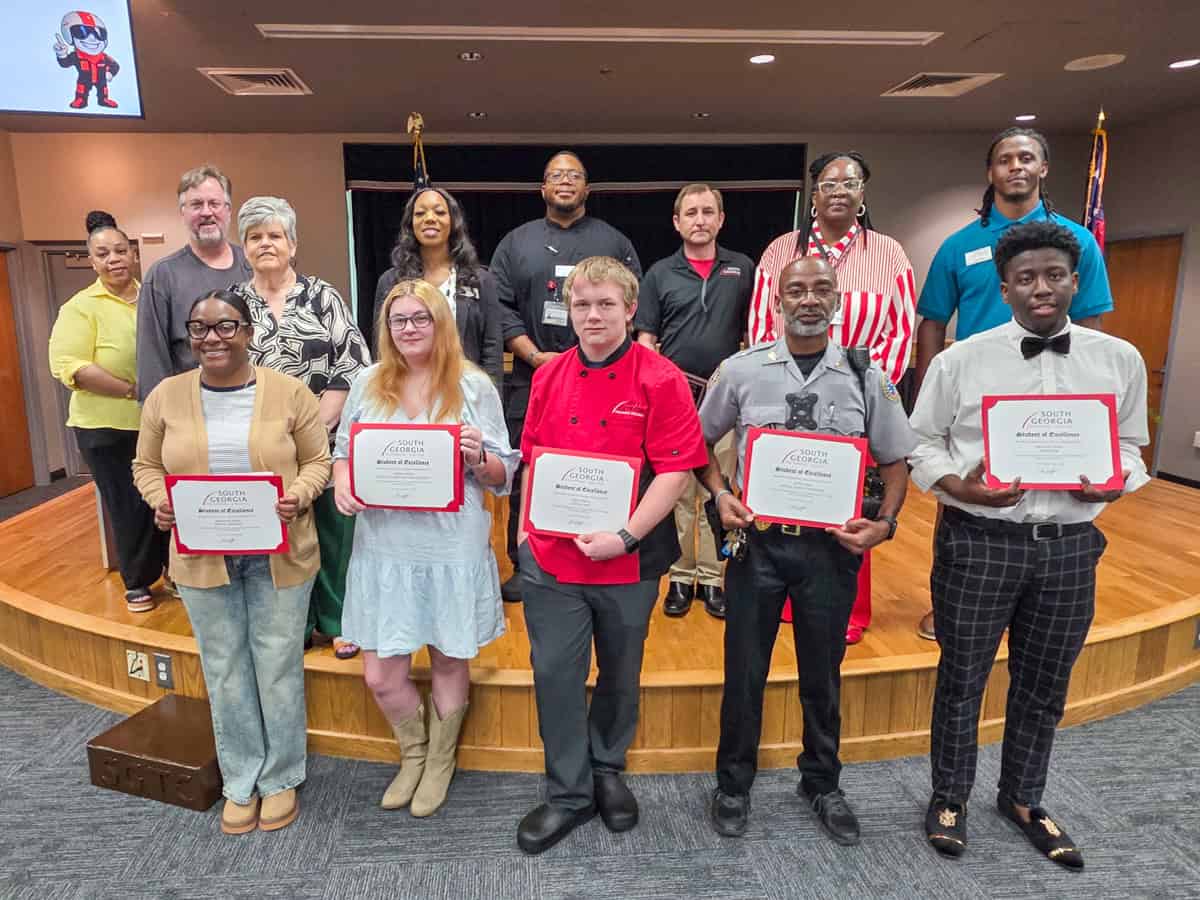 Pictured on the front row (l-r) are SGTC Crisp County Center Student of Excellence nominees Valayshia Burke, Amber Jones, Logan Atkins, Jeffery Bell, and Karavian Dixon. Back row (l-r) are instructors Nicole Turner, Tom Mayo, Carole Cowan, Cambrette Hudson, Johnny Davis, Jeff Sheppard, Wanda Bishop and Eric Rogers.